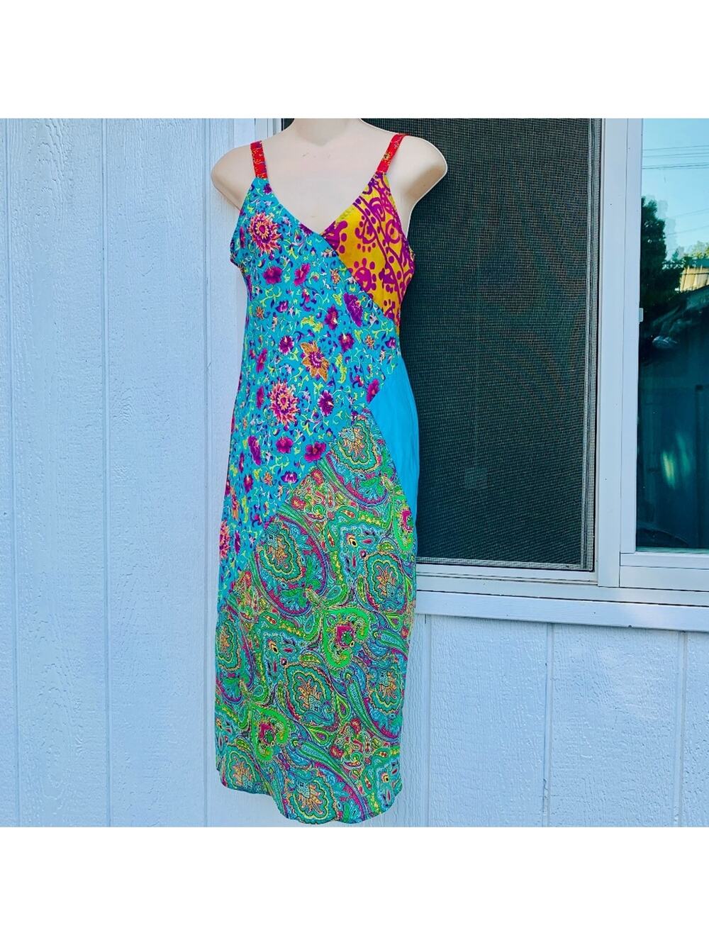 Y2K TESSUTO 100% SILK PATCHWORK PRINT SLIPDRESS S